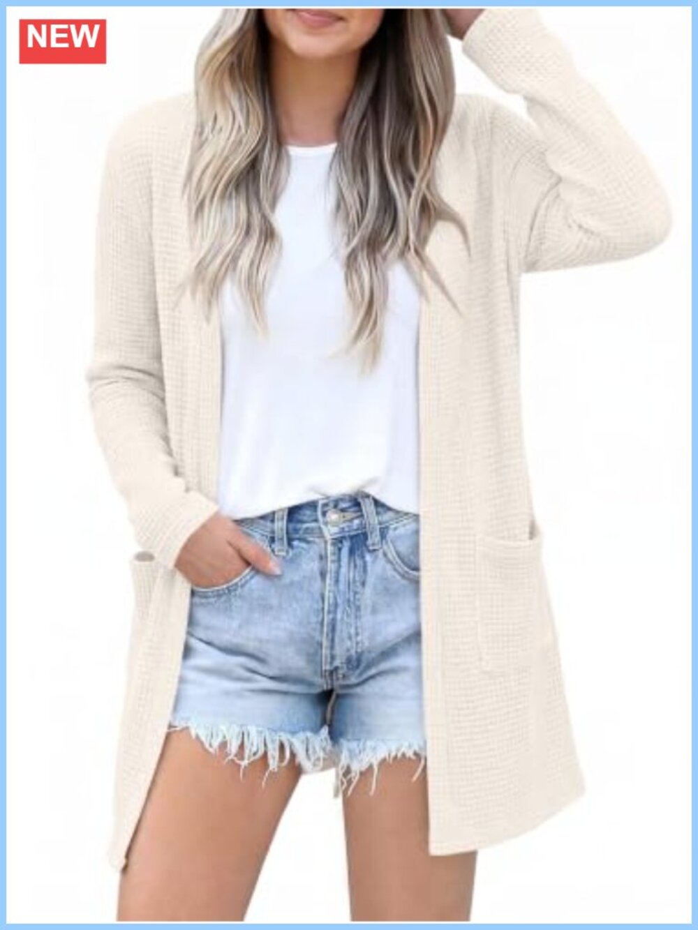 Women's Lightweight Waffle Knit Open Front Cardigan Long Sleeve